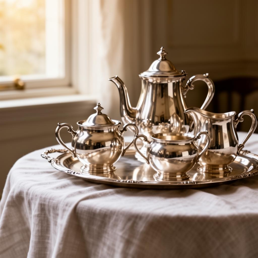 Polished silver tea service on linen